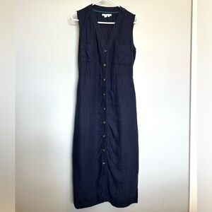 Sleeveless Linen Navy Button-Front Midi Dress